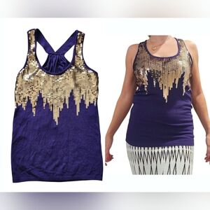 BEBE Purple Sequin Embellished Racerback Tank Top Sz Large Gold Y2K Festival 00s